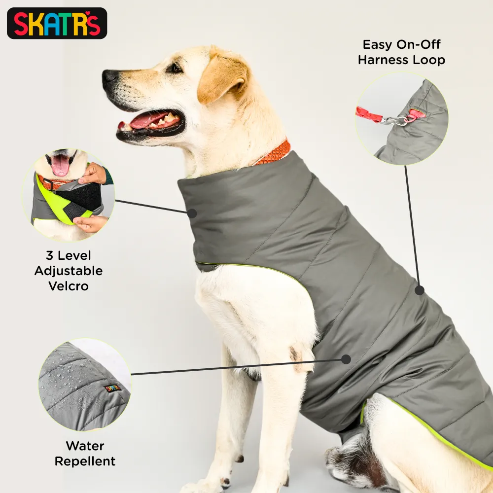 Skatrs Smokey Grey Puffer Reversible Jacket for Dogs and Cats | With Adjustable Baby Velcro