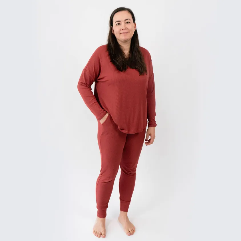 Women's Ribbed Bamboo Long Sleeve PJ Set - Burgundy