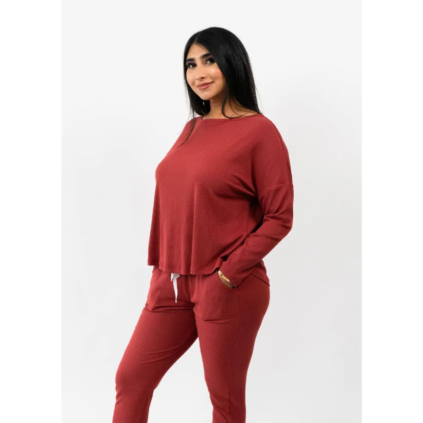 Women's Ribbed Bamboo Long Sleeve PJ Set - Burgundy