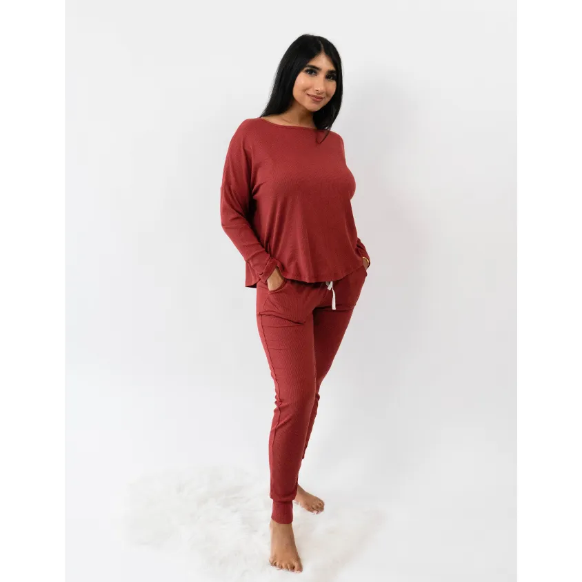 Women's Ribbed Bamboo Long Sleeve PJ Set - Burgundy