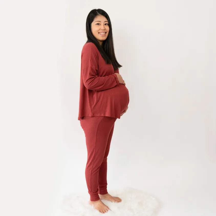 Women's Ribbed Bamboo Long Sleeve PJ Set - Burgundy